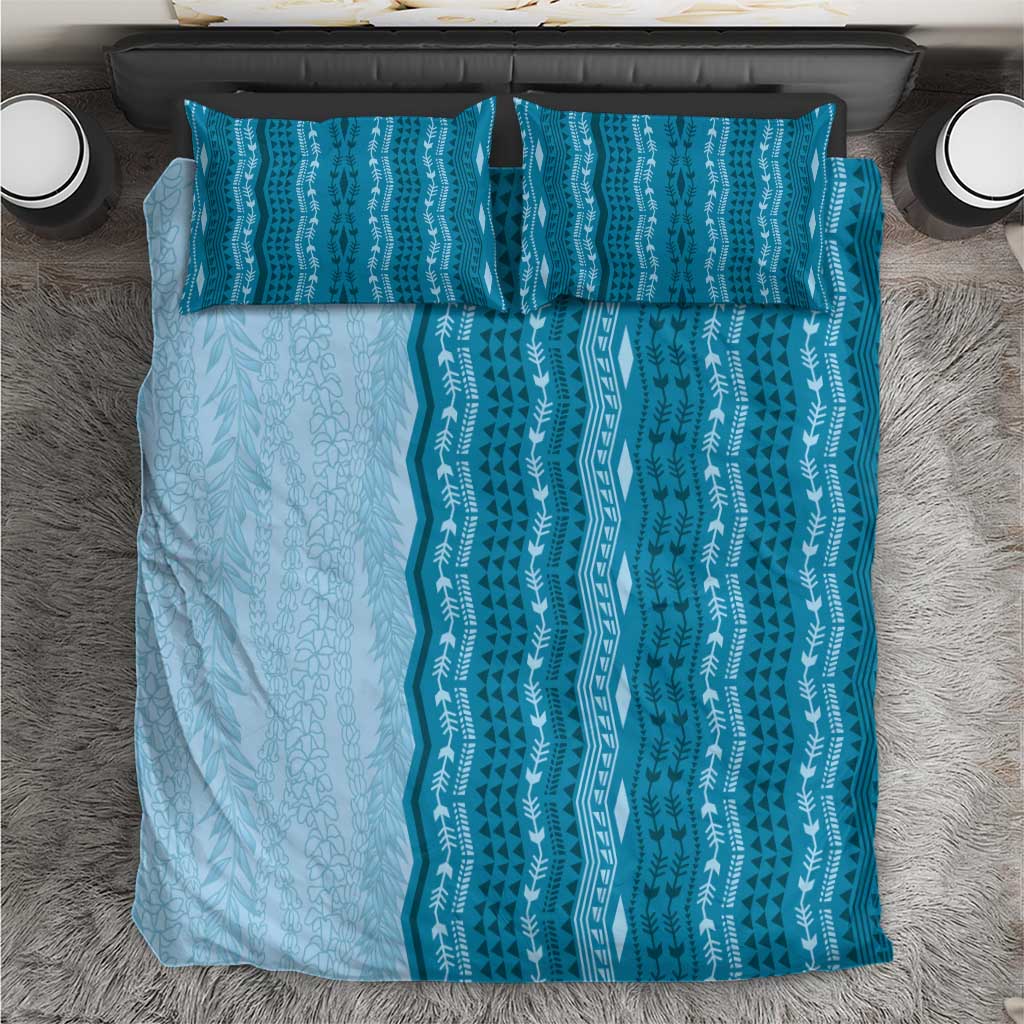 Vintage Cobalt Blue Hawaiian Traditional Kapa Mix Flowers Lei Bedding Set