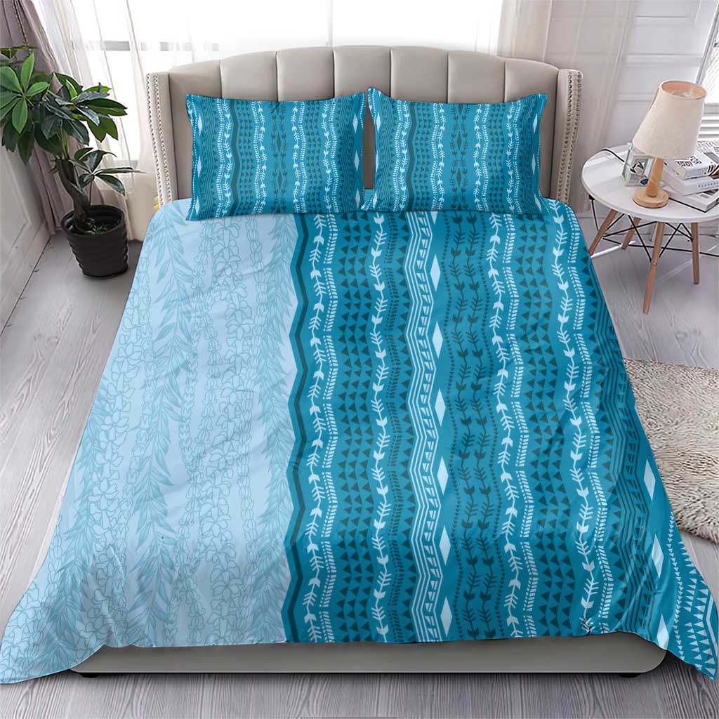 Vintage Cobalt Blue Hawaiian Traditional Kapa Mix Flowers Lei Bedding Set