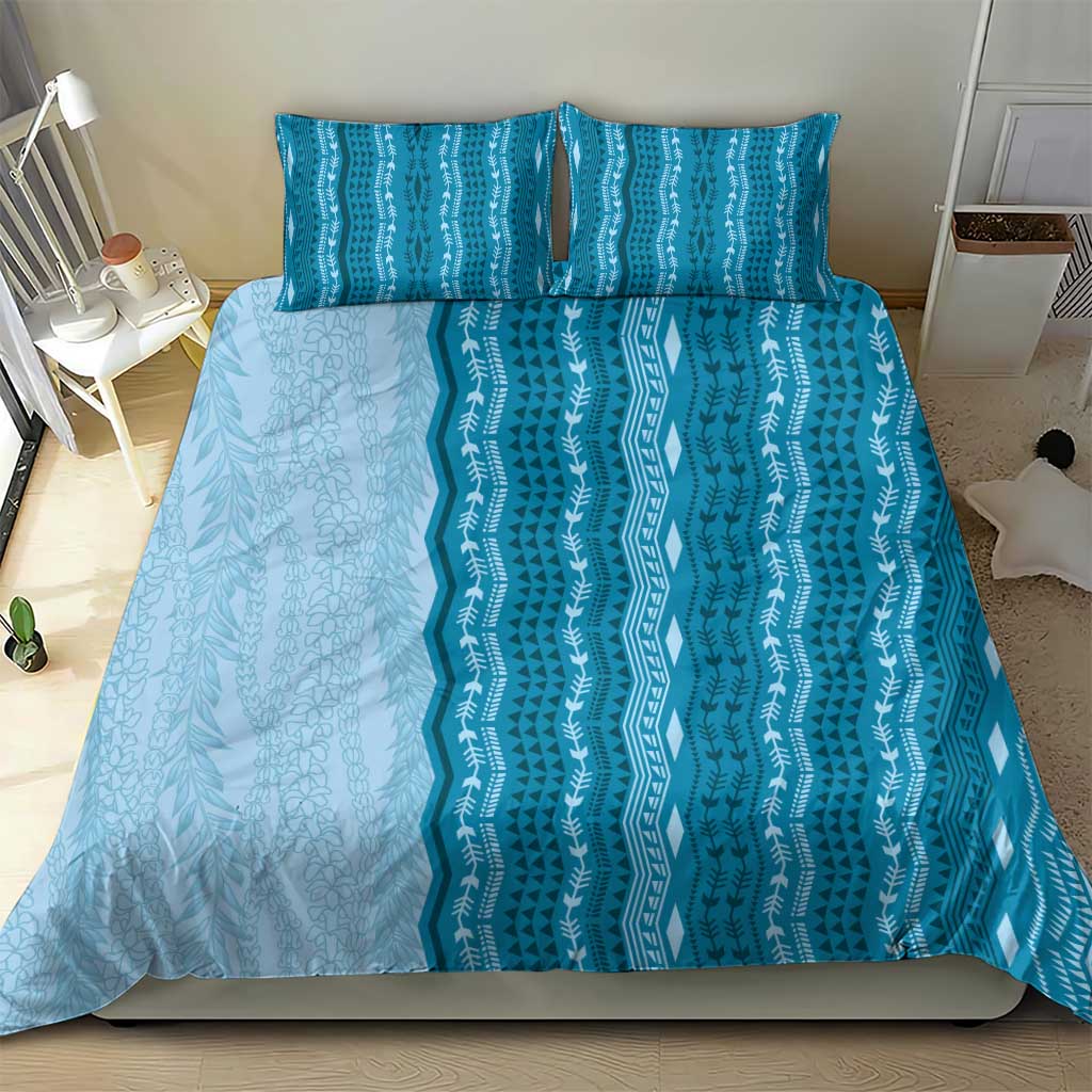 Vintage Cobalt Blue Hawaiian Traditional Kapa Mix Flowers Lei Bedding Set