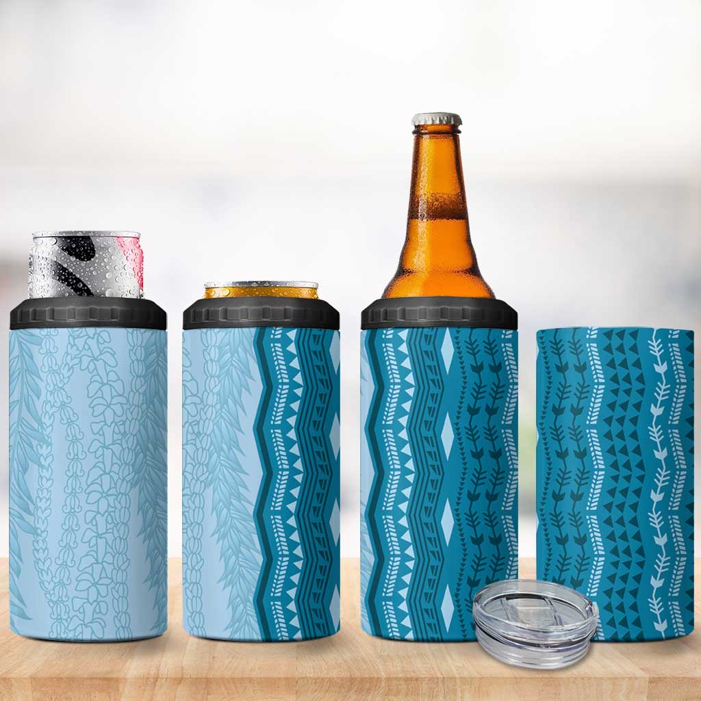 Vintage Cobalt Blue Hawaiian Traditional Kapa Mix Flowers Lei 4 in 1 Can Cooler Tumbler