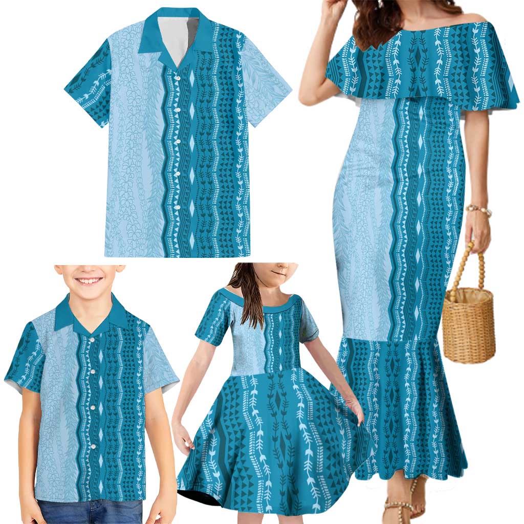Vintage Cobalt Blue Hawaiian Traditional Kapa Mix Flowers Lei Family Matching Mermaid Dress and Hawaiian Shirt