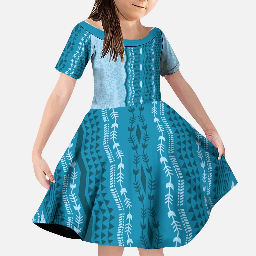 Vintage Cobalt Blue Hawaiian Traditional Kapa Mix Flowers Lei Family Matching Off Shoulder Short Dress and Hawaiian Shirt LT7 Daughter's Dress Cobalt Blue - Polynesian Pride