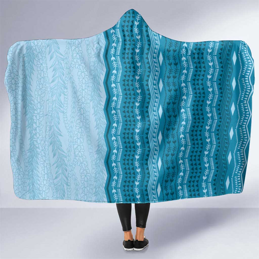 Vintage Cobalt Blue Hawaiian Traditional Kapa Mix Flowers Lei Hooded Blanket