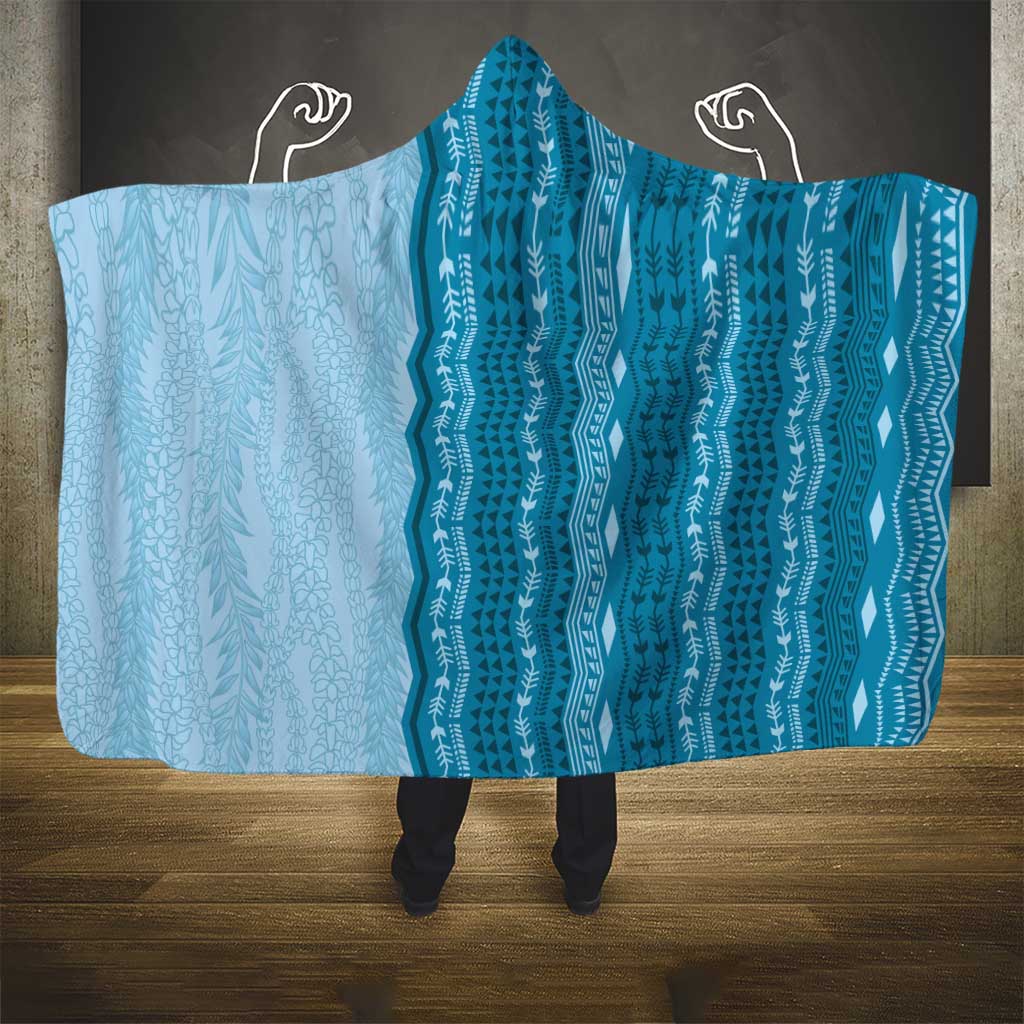 Vintage Cobalt Blue Hawaiian Traditional Kapa Mix Flowers Lei Hooded Blanket