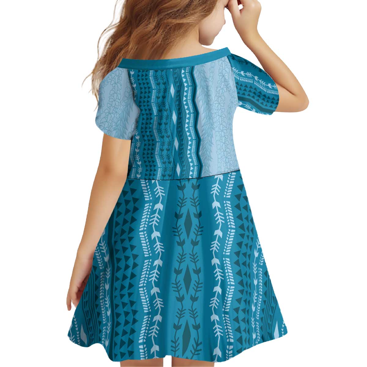 Vintage Cobalt Blue Hawaiian Traditional Kapa Mix Flowers Lei Kid Short Sleeve Dress LT7 - Polynesian Pride