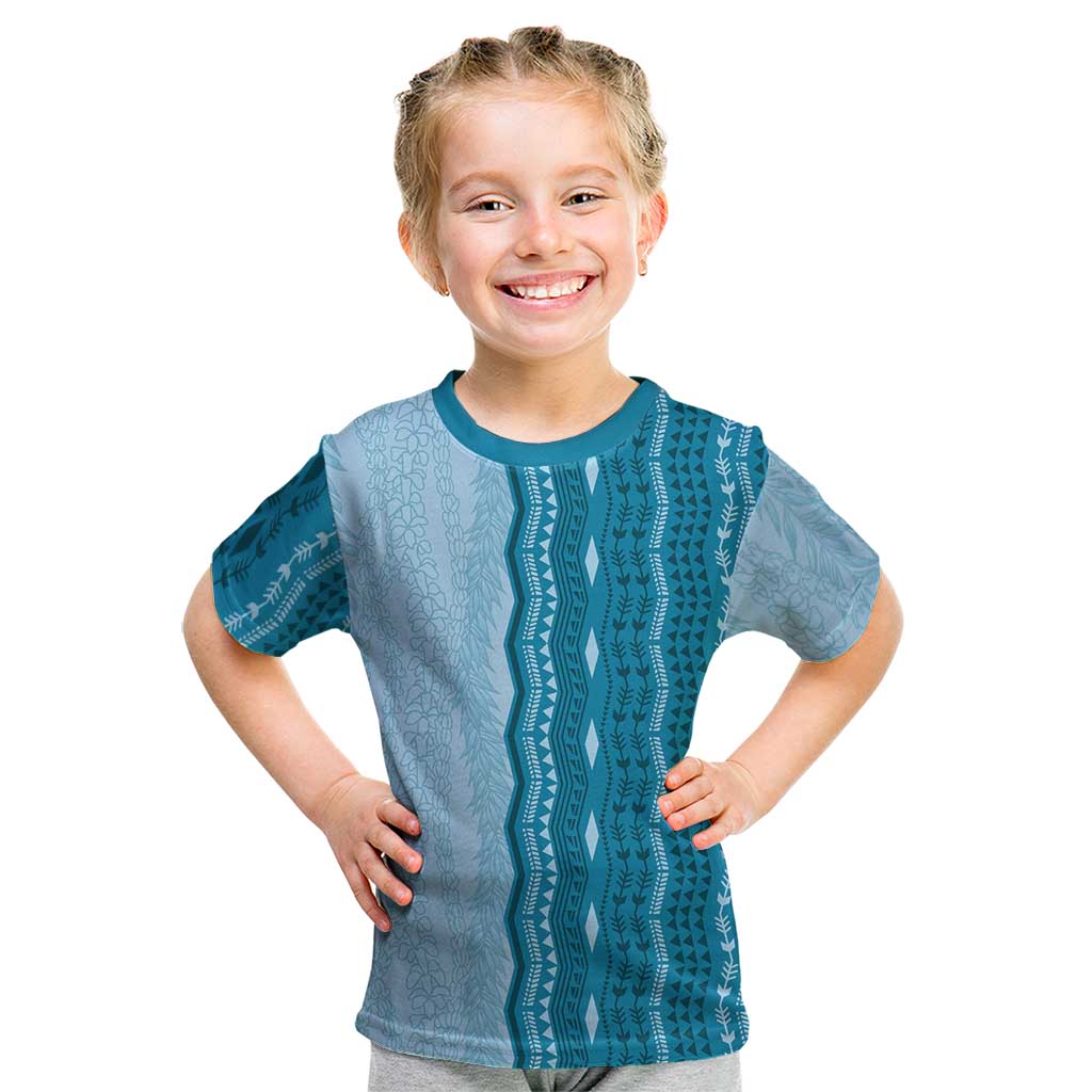 Vintage Cobalt Blue Hawaiian Traditional Kapa Mix Flowers Lei Kid T Shirt