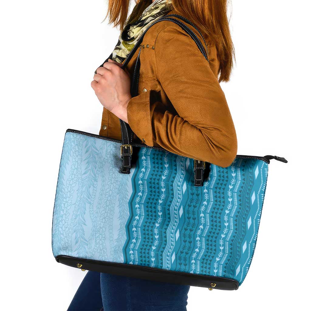 Vintage Cobalt Blue Hawaiian Traditional Kapa Mix Flowers Lei Leather Tote Bag