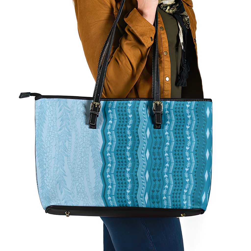 Vintage Cobalt Blue Hawaiian Traditional Kapa Mix Flowers Lei Leather Tote Bag