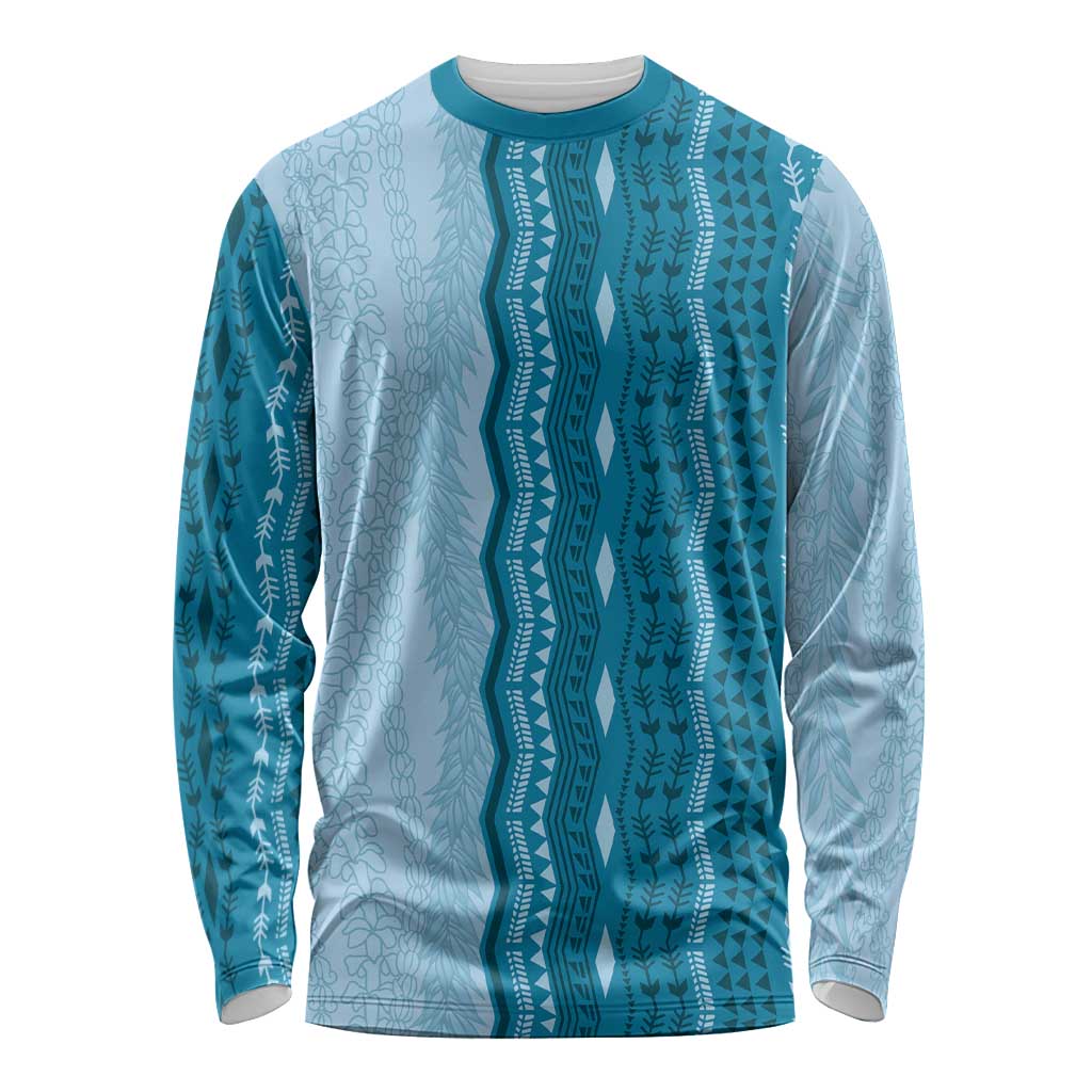 Vintage Cobalt Blue Hawaiian Traditional Kapa Mix Flowers Lei Long Sleeve Shirt LT7 Unisex Cobalt Blue - Polynesian Pride