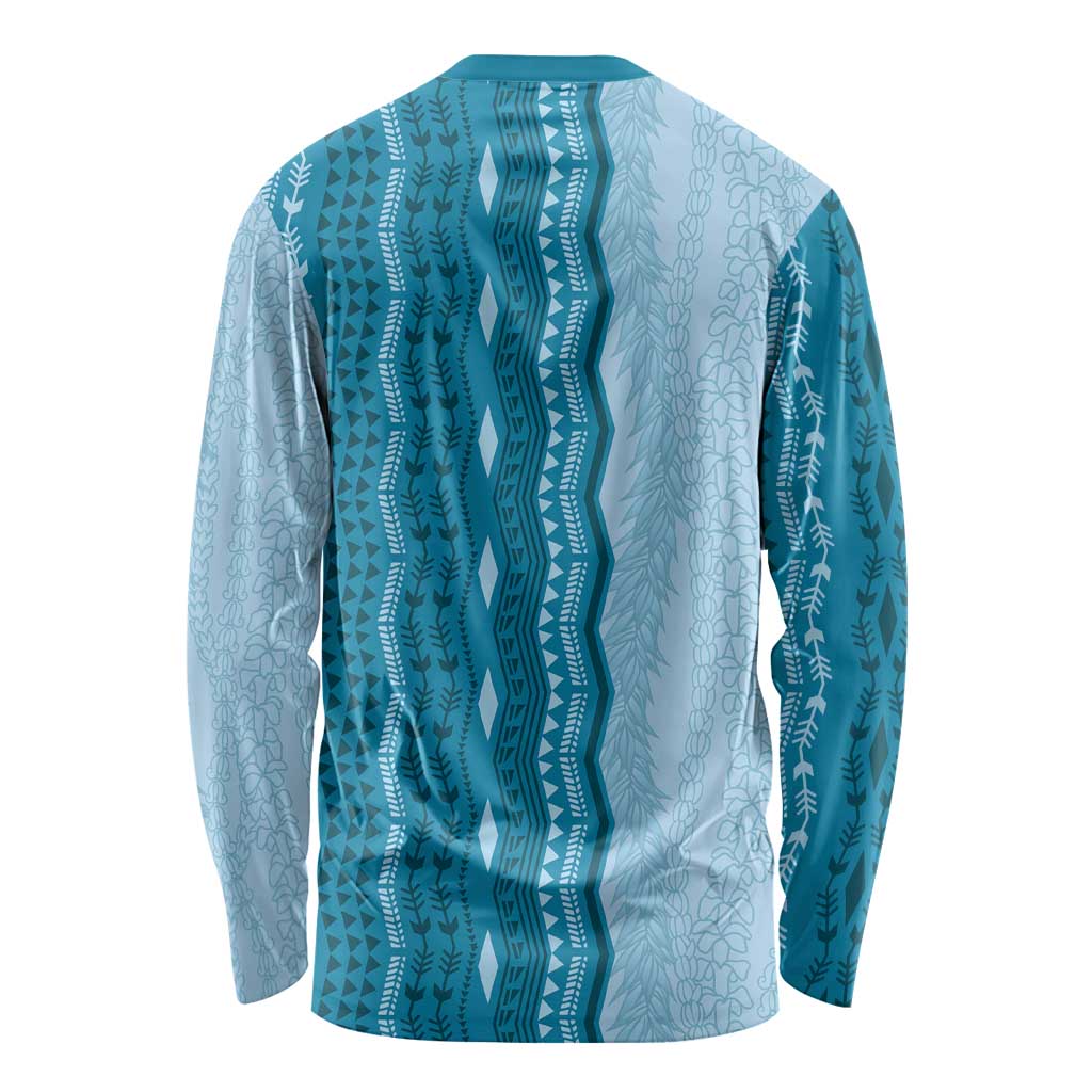 Vintage Cobalt Blue Hawaiian Traditional Kapa Mix Flowers Lei Long Sleeve Shirt