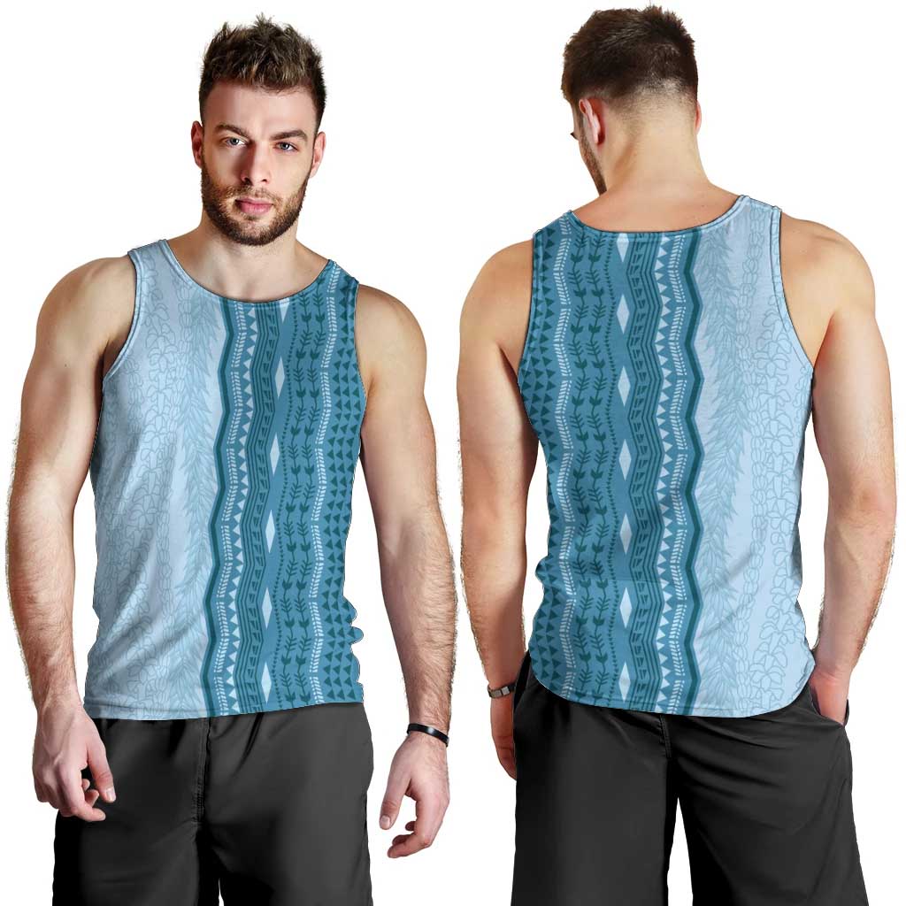 Vintage Cobalt Blue Hawaiian Traditional Kapa Mix Flowers Lei Men Tank Top