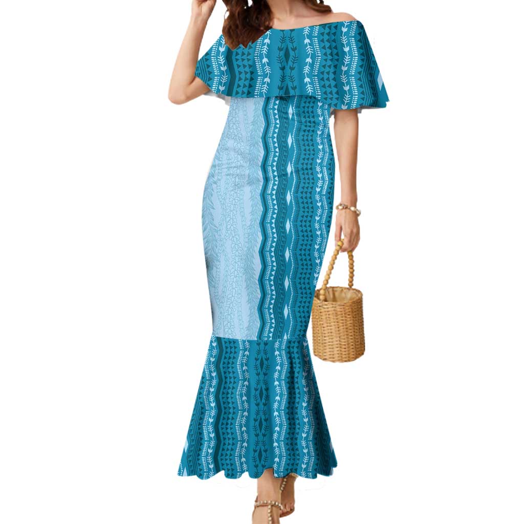 Vintage Cobalt Blue Hawaiian Traditional Kapa Mix Flowers Lei Mermaid Dress