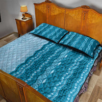 Vintage Cobalt Blue Hawaiian Traditional Kapa Mix Flowers Lei Quilt Bed Set