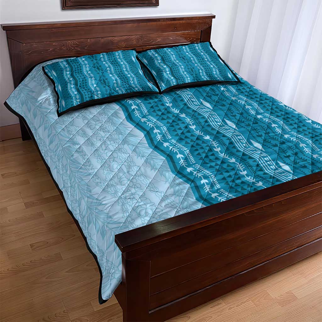 Vintage Cobalt Blue Hawaiian Traditional Kapa Mix Flowers Lei Quilt Bed Set