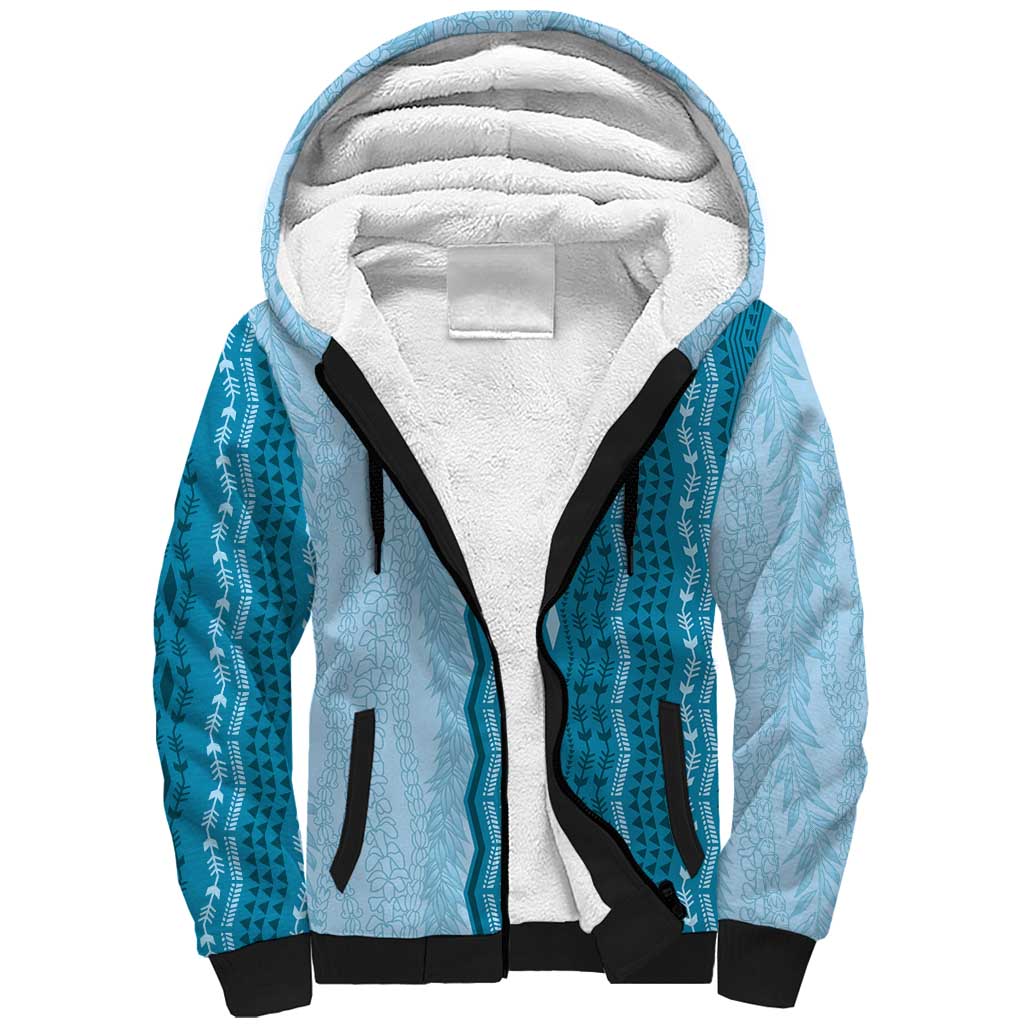 Vintage Cobalt Blue Hawaiian Traditional Kapa Mix Flowers Lei Sherpa Hoodie