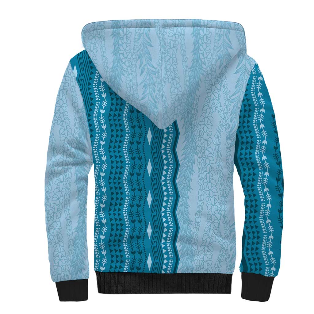 Vintage Cobalt Blue Hawaiian Traditional Kapa Mix Flowers Lei Sherpa Hoodie