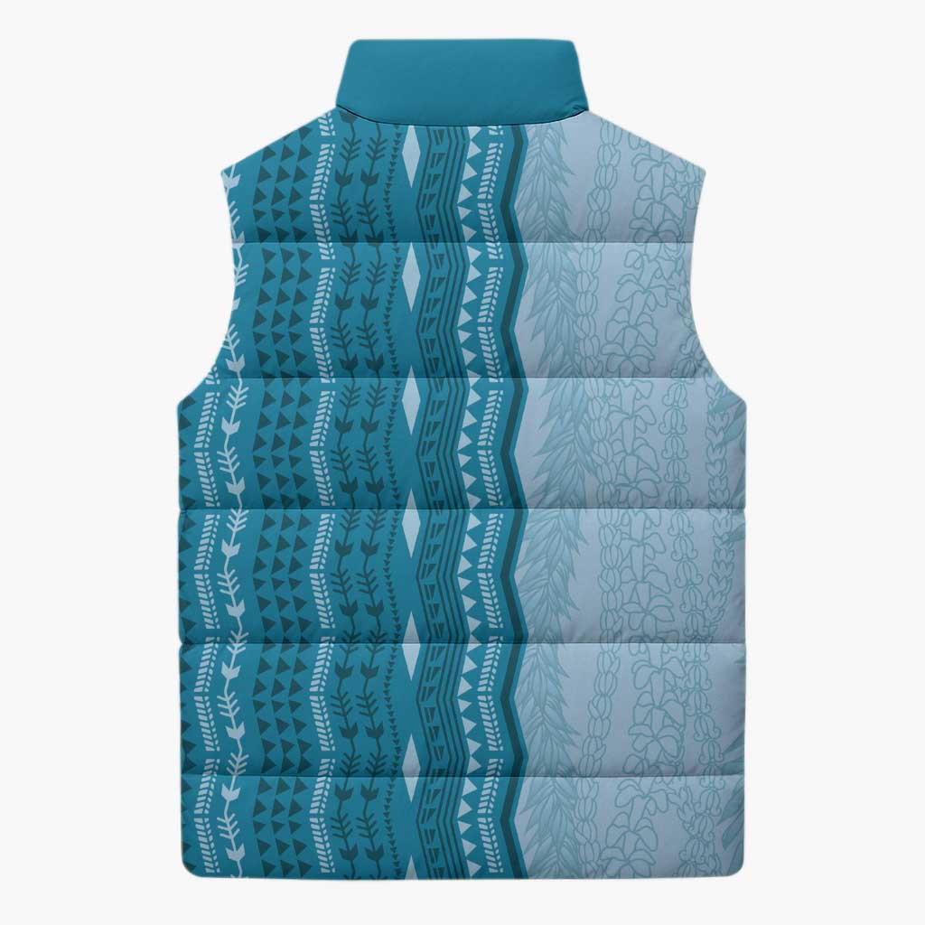 Vintage Cobalt Blue Hawaiian Traditional Kapa Mix Flowers Lei Sleeveless Puffer Jacket