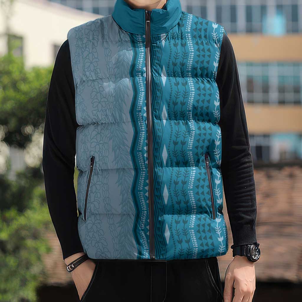 Vintage Cobalt Blue Hawaiian Traditional Kapa Mix Flowers Lei Sleeveless Puffer Jacket