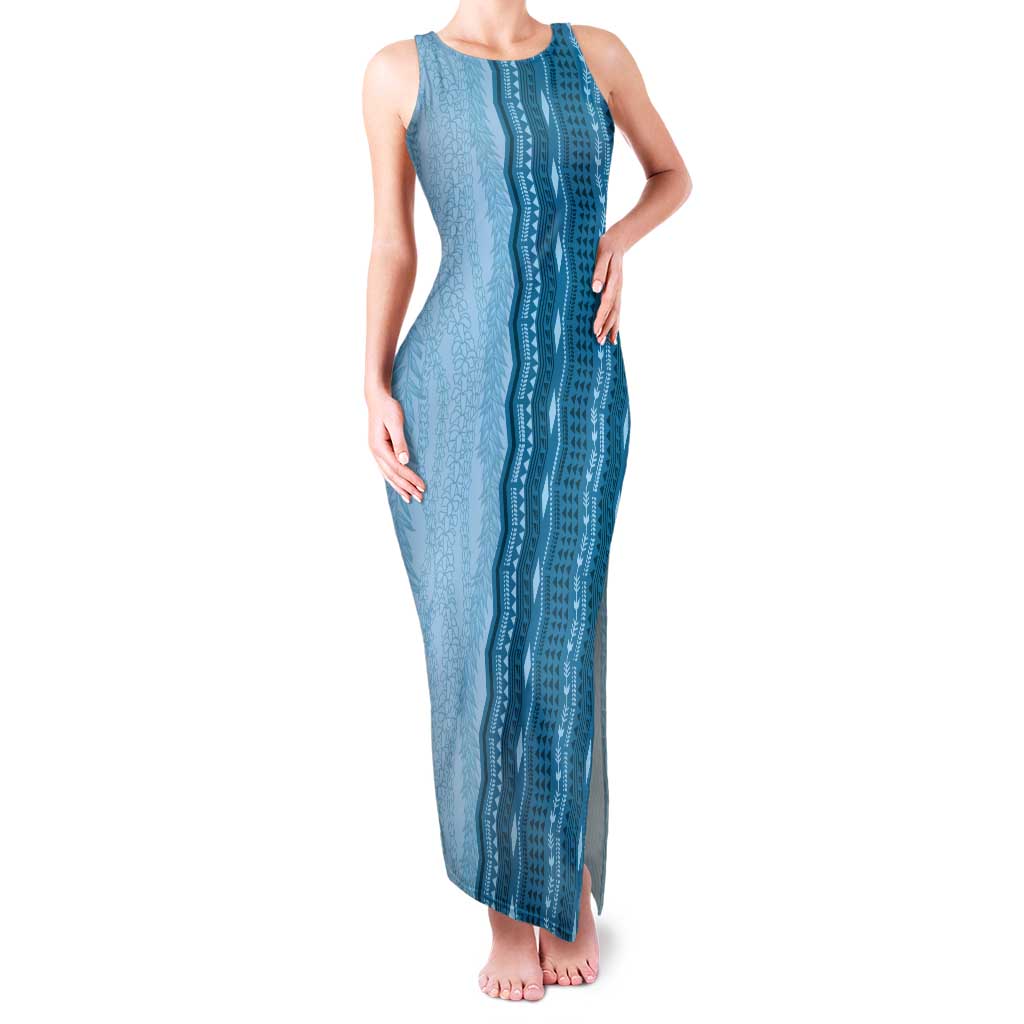 Vintage Cobalt Blue Hawaiian Traditional Kapa Mix Flowers Lei Tank Maxi Dress