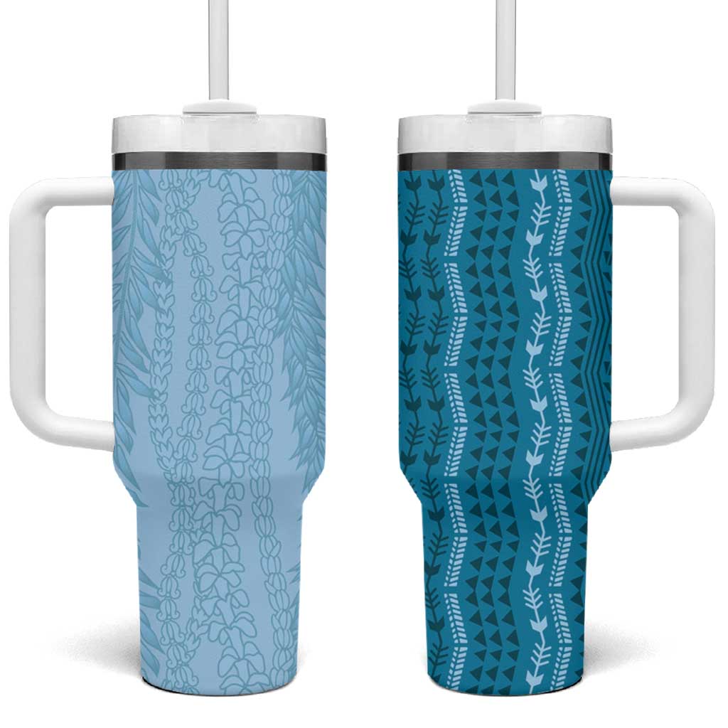 Vintage Cobalt Blue Hawaiian Traditional Kapa Mix Flowers Lei Tumbler With Handle LT7 One Size: 40 oz Cobalt Blue - Polynesian Pride