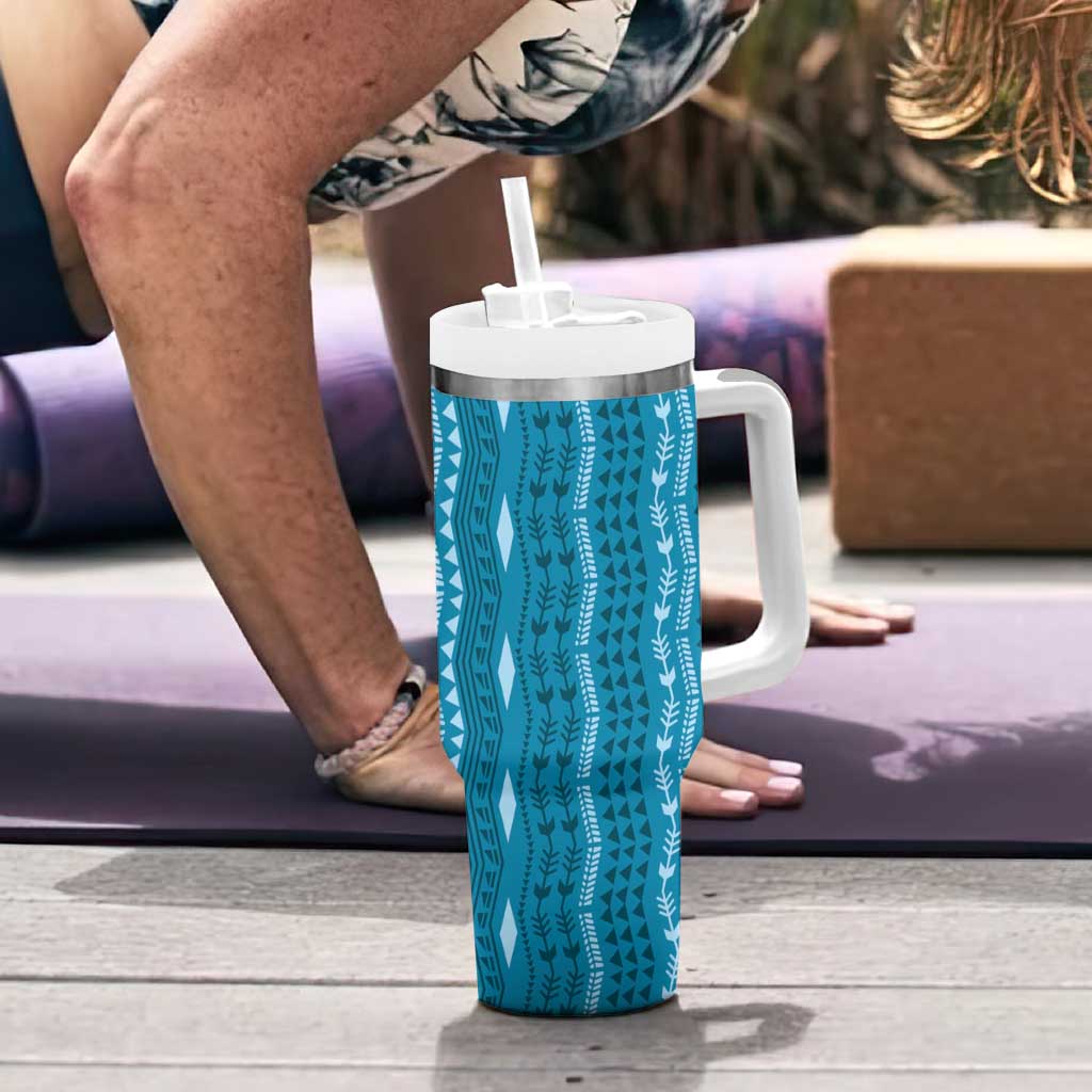 Vintage Cobalt Blue Hawaiian Traditional Kapa Mix Flowers Lei Tumbler With Handle LT7 - Polynesian Pride