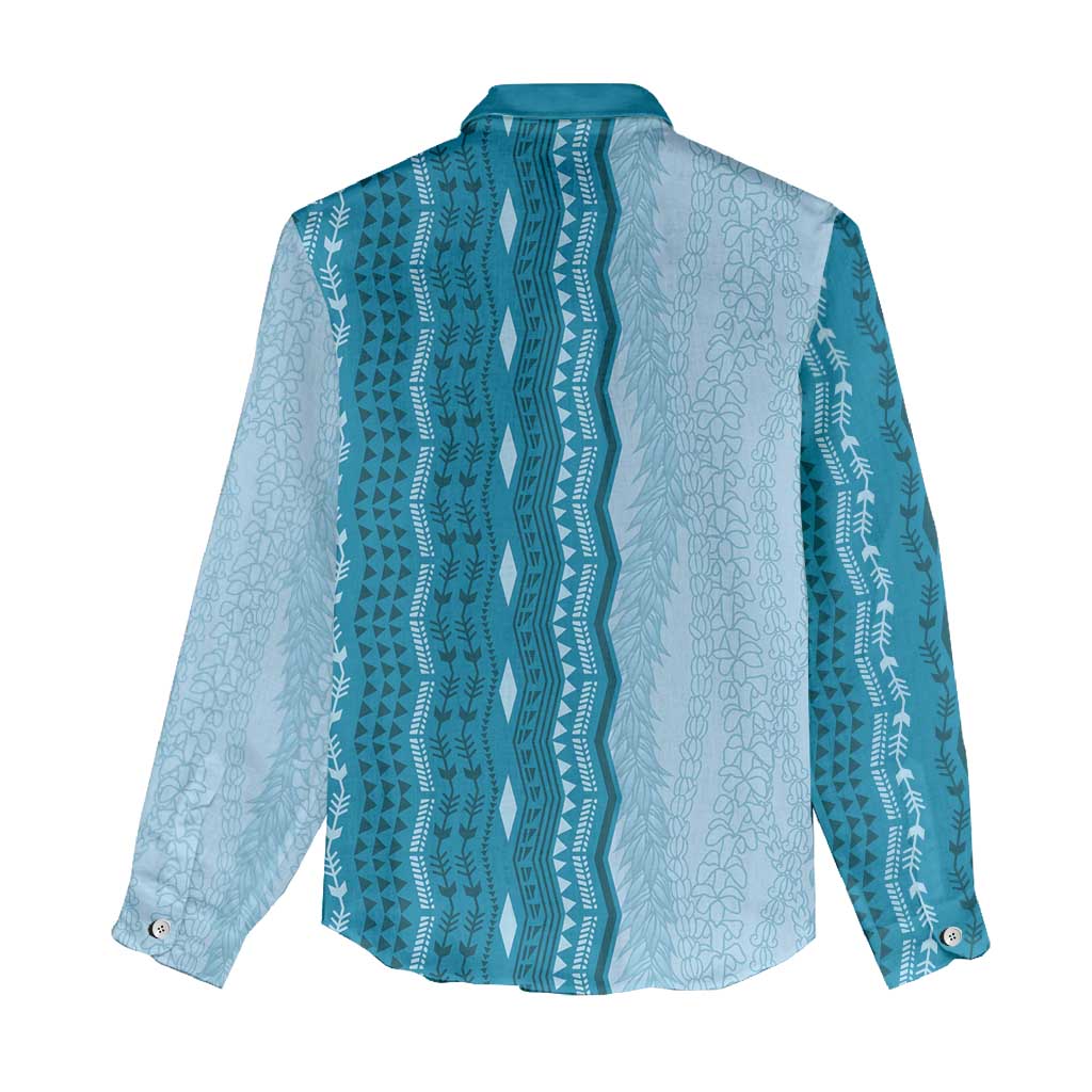 Vintage Cobalt Blue Hawaiian Traditional Kapa Mix Flowers Lei Women Casual Shirt