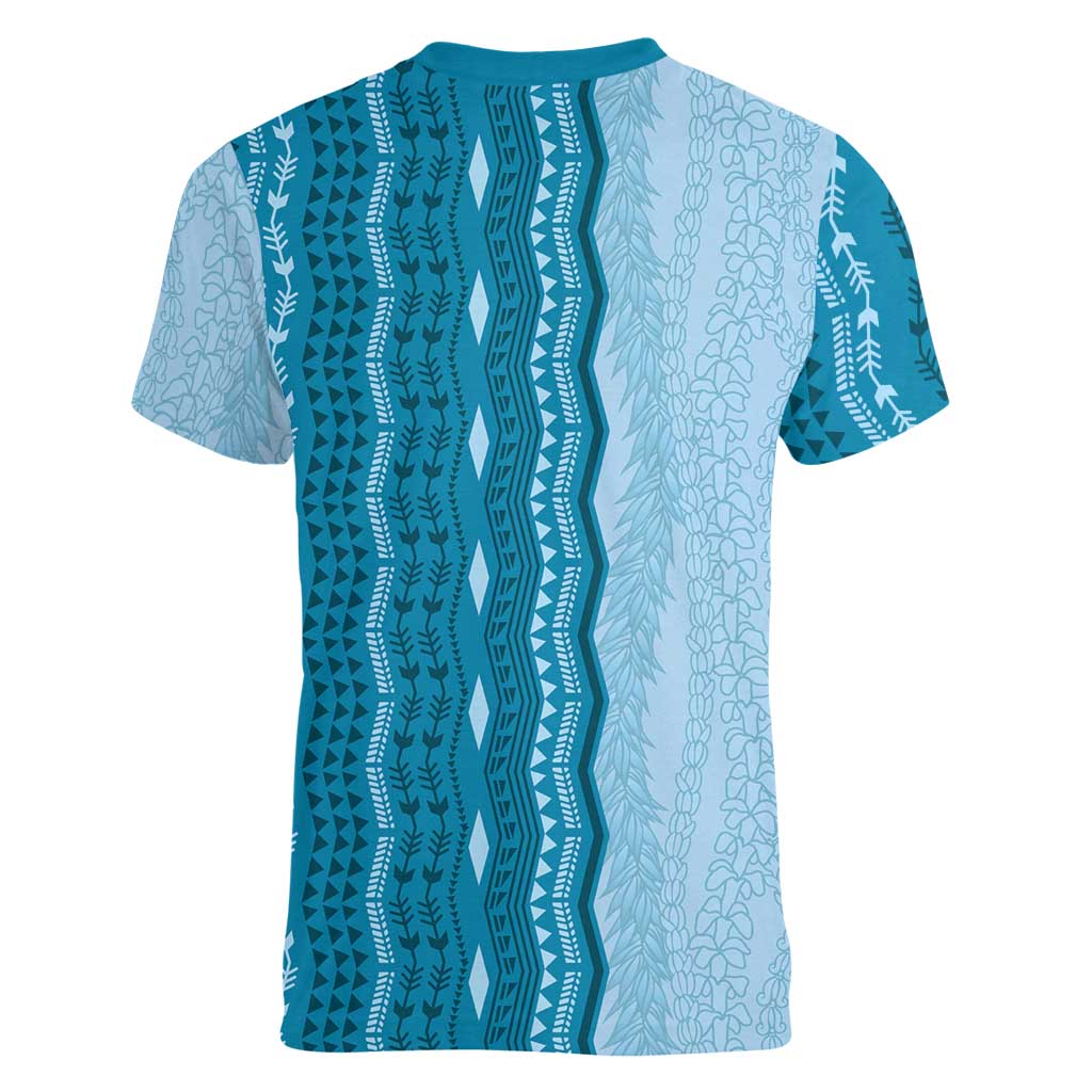 Vintage Cobalt Blue Hawaiian Traditional Kapa Mix Flowers Lei Women V-Neck T-Shirt LT7 - Polynesian Pride