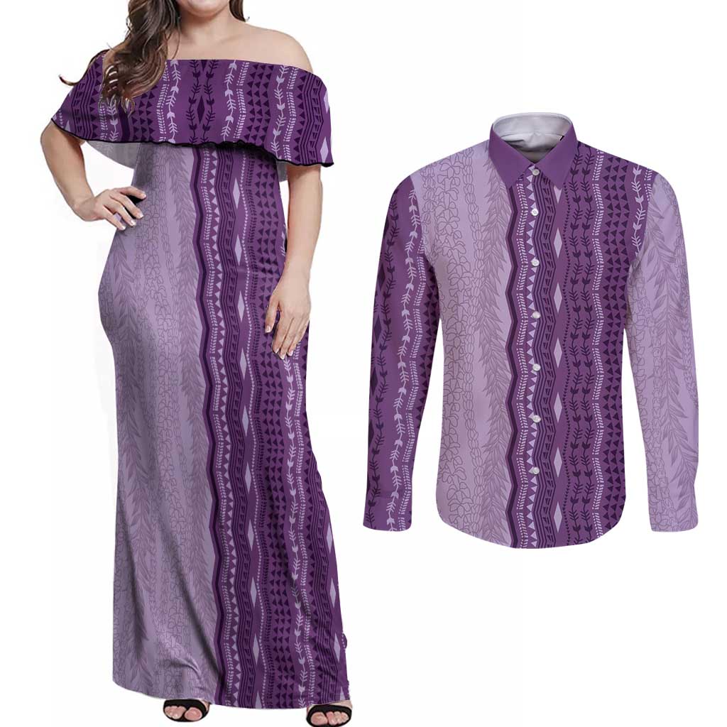 Vintage Violet Hawaiian Traditional Kapa Mix Flowers Lei Couples Matching Off Shoulder Maxi Dress and Long Sleeve Button Shirt