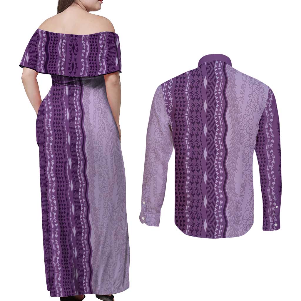 Vintage Violet Hawaiian Traditional Kapa Mix Flowers Lei Couples Matching Off Shoulder Maxi Dress and Long Sleeve Button Shirt