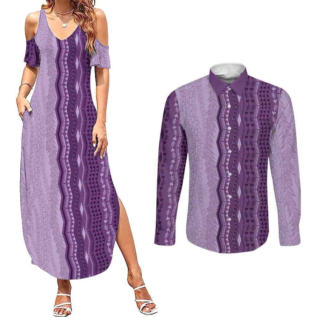 Vintage Violet Hawaiian Traditional Kapa Mix Flowers Lei Couples Matching Summer Maxi Dress and Long Sleeve Button Shirt LT7 Violet - Polynesian Pride