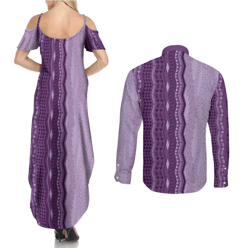 Vintage Violet Hawaiian Traditional Kapa Mix Flowers Lei Couples Matching Summer Maxi Dress and Long Sleeve Button Shirt