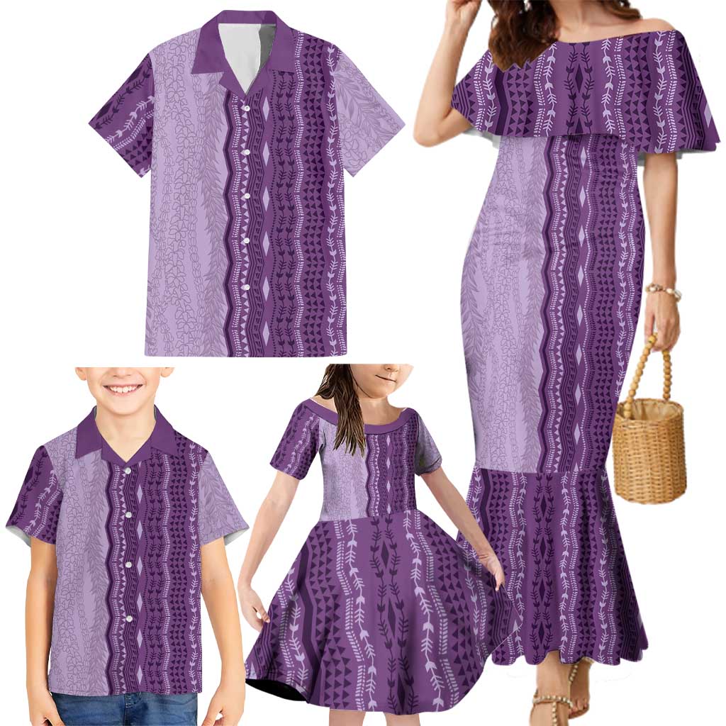 Vintage Violet Hawaiian Traditional Kapa Mix Flowers Lei Family Matching Mermaid Dress and Hawaiian Shirt