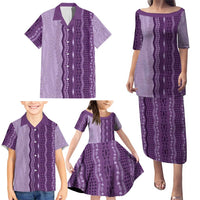 Vintage Violet Hawaiian Traditional Kapa Mix Flowers Lei Family Matching Puletasi and Hawaiian Shirt