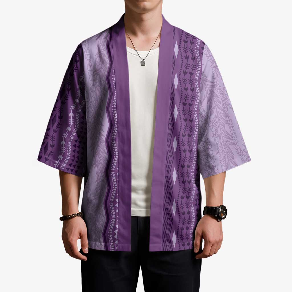Vintage Violet Hawaiian Traditional Kapa Mix Flowers Lei Kimono