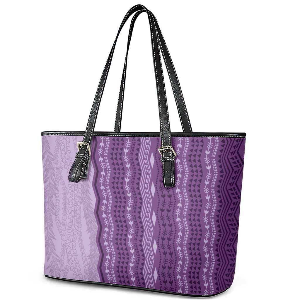 Vintage Violet Hawaiian Traditional Kapa Mix Flowers Lei Leather Tote Bag