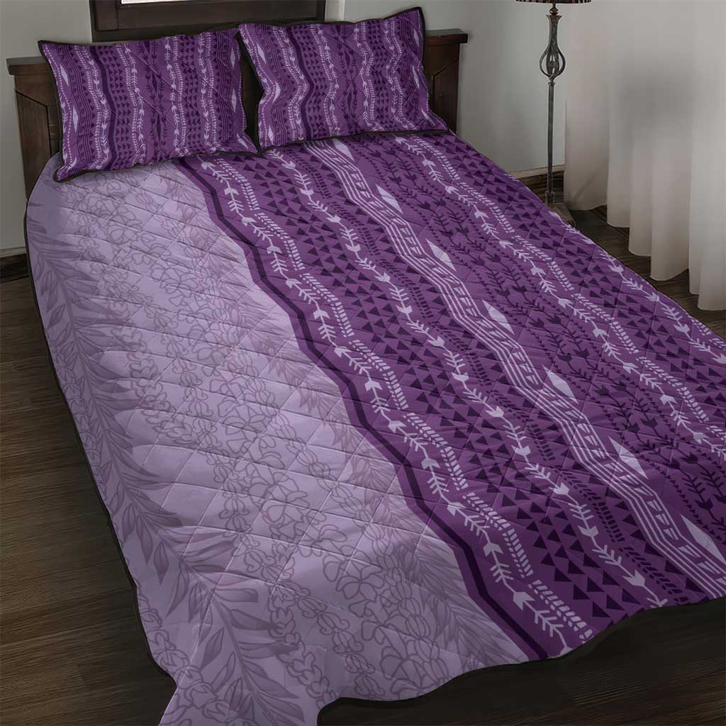 Vintage Violet Hawaiian Traditional Kapa Mix Flowers Lei Quilt Bed Set