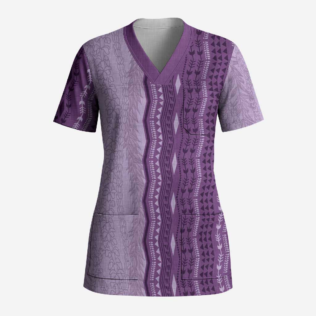 Vintage Violet Hawaiian Traditional Kapa Mix Flowers Lei Scrub Top