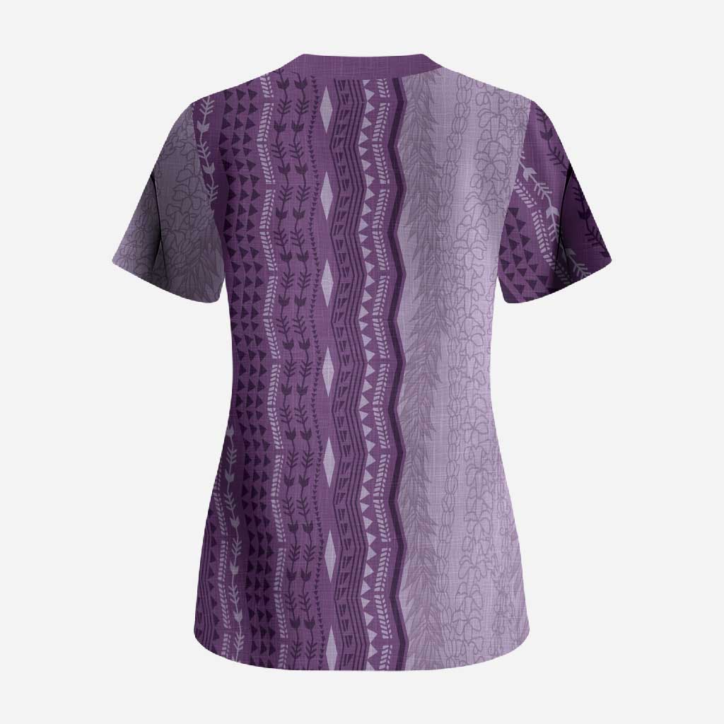 Vintage Violet Hawaiian Traditional Kapa Mix Flowers Lei Scrub Top