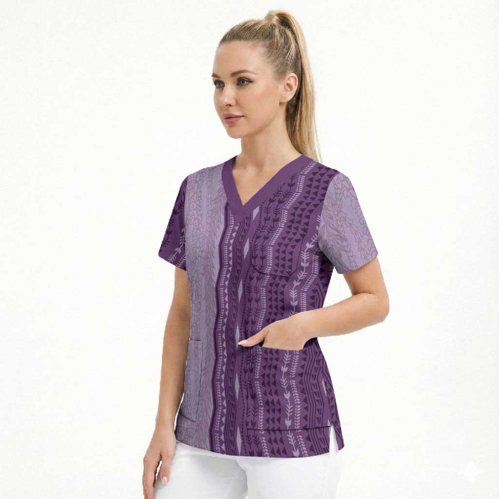 Vintage Violet Hawaiian Traditional Kapa Mix Flowers Lei Scrub Top