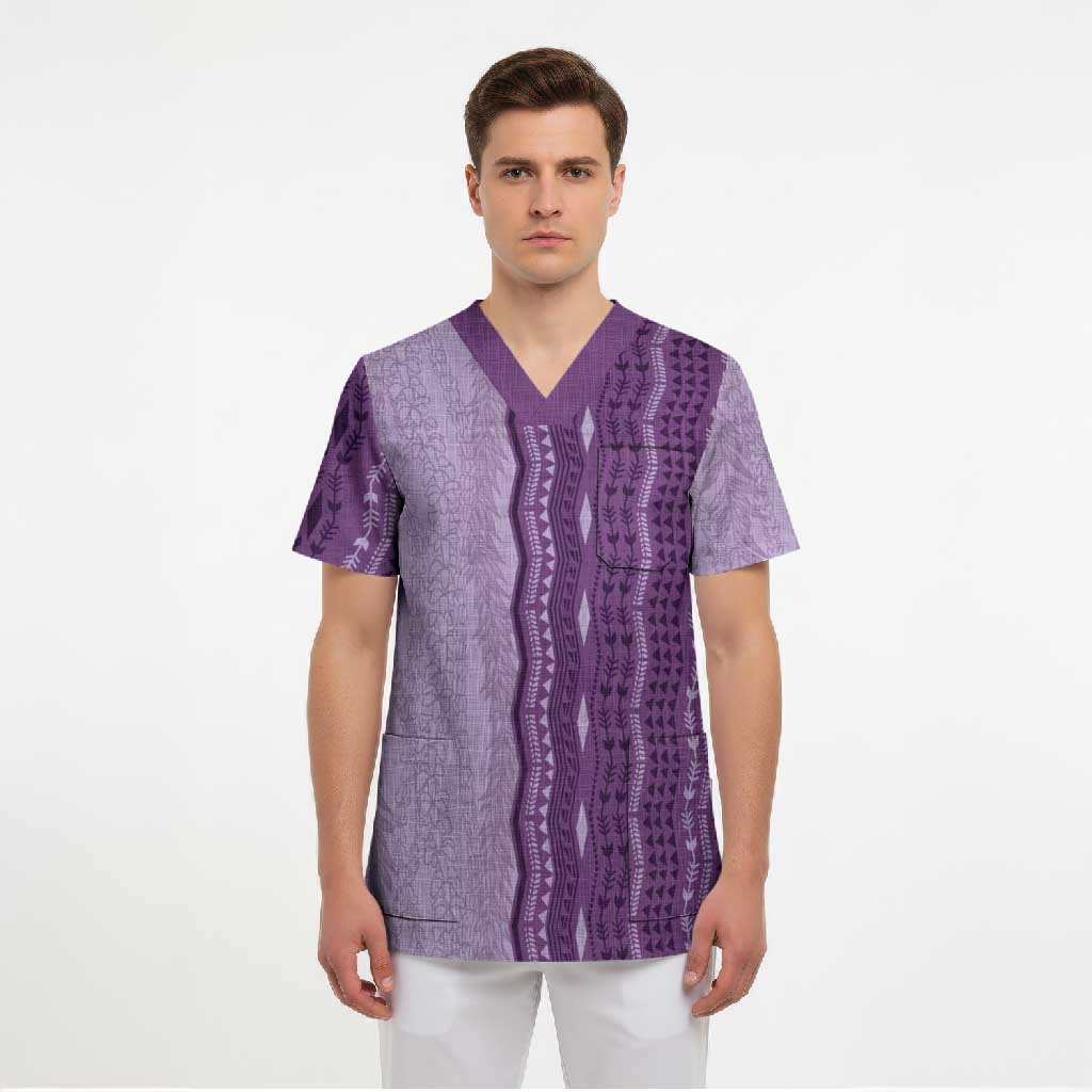 Vintage Violet Hawaiian Traditional Kapa Mix Flowers Lei Scrub Top