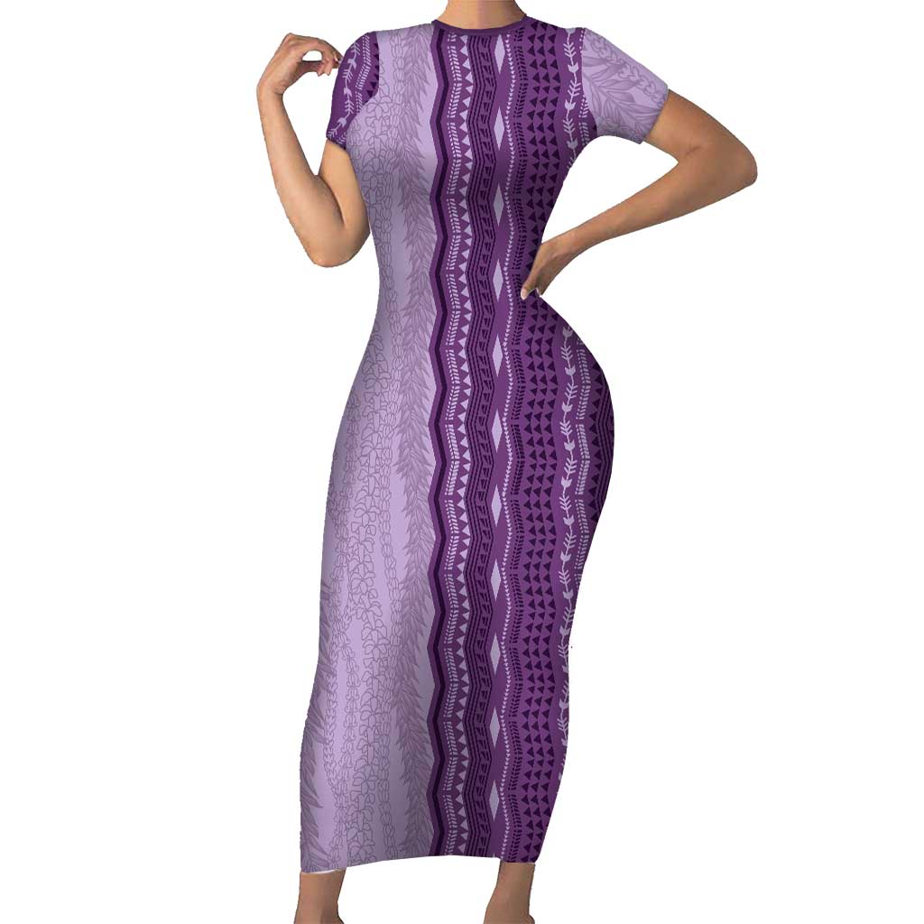 Vintage Violet Hawaiian Traditional Kapa Mix Flowers Lei Short Sleeve Bodycon Dress LT7 Long Dress Violet - Polynesian Pride