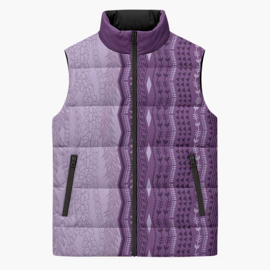Vintage Violet Hawaiian Traditional Kapa Mix Flowers Lei Sleeveless Puffer Jacket LT7 Unisex Violet - Polynesian Pride