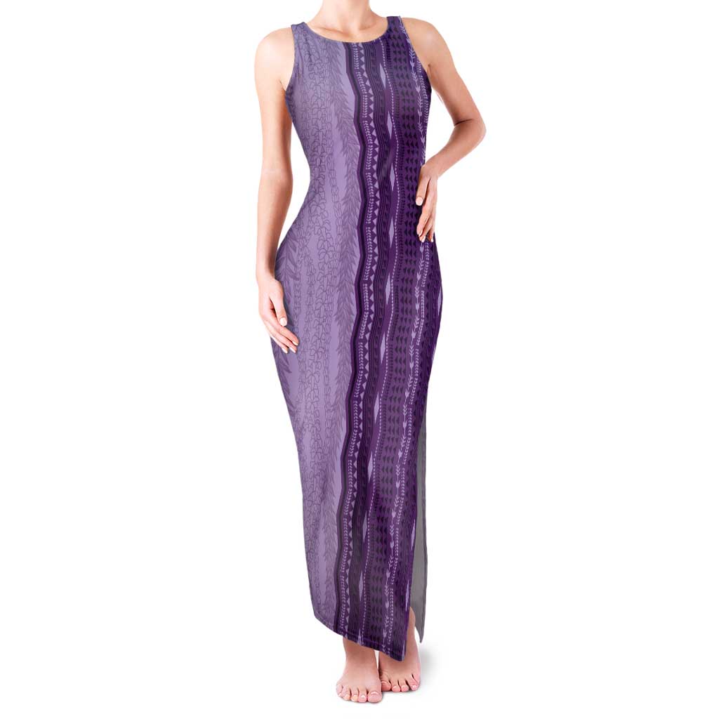 Vintage Violet Hawaiian Traditional Kapa Mix Flowers Lei Tank Maxi Dress LT7 Women Violet - Polynesian Pride