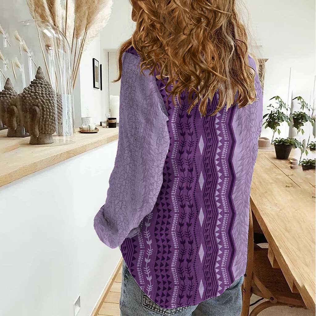 Vintage Violet Hawaiian Traditional Kapa Mix Flowers Lei Women Casual Shirt