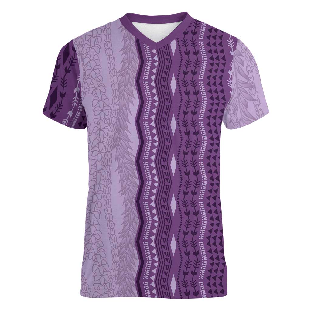 Vintage Violet Hawaiian Traditional Kapa Mix Flowers Lei Women V-Neck T-Shirt LT7 Female Violet - Polynesian Pride