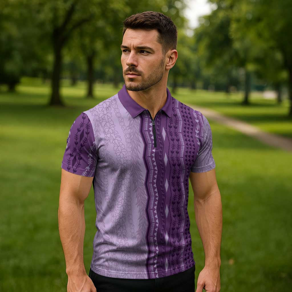 Vintage Violet Hawaiian Traditional Kapa Mix Flowers Lei Zipper Polo Shirt LT7 - Polynesian Pride