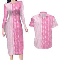 Vintage Pink Hawaiian Traditional Kapa Mix Flowers Lei Couples Matching Long Sleeve Bodycon Dress and Hawaiian Shirt
