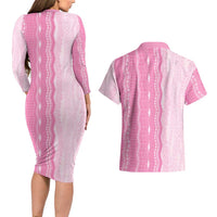 Vintage Pink Hawaiian Traditional Kapa Mix Flowers Lei Couples Matching Long Sleeve Bodycon Dress and Hawaiian Shirt