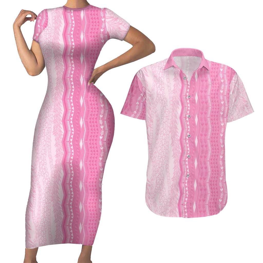 Vintage Pink Hawaiian Traditional Kapa Mix Flowers Lei Couples Matching Short Sleeve Bodycon Dress and Hawaiian Shirt