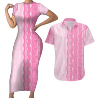 Vintage Pink Hawaiian Traditional Kapa Mix Flowers Lei Couples Matching Short Sleeve Bodycon Dress and Hawaiian Shirt